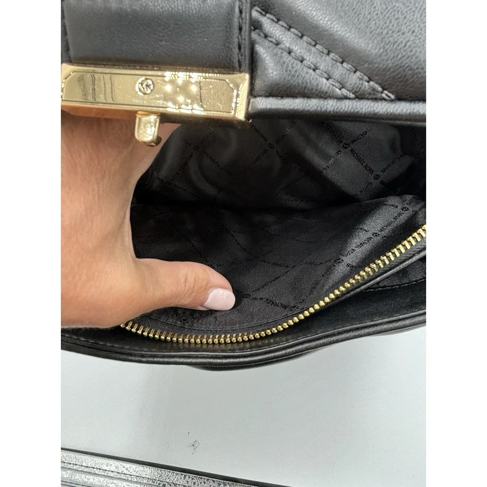 Michael Kors Serena Backpack Quilted Leather Flap Black & Gold mult pockets MED